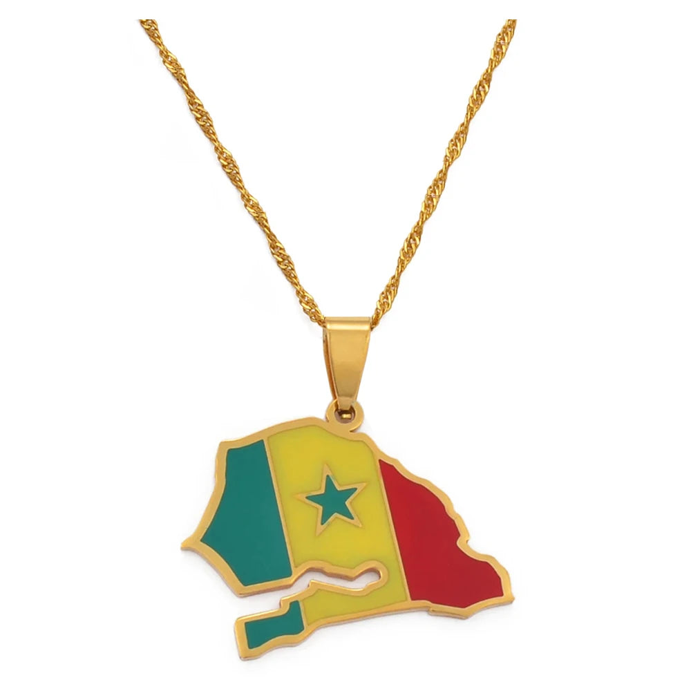 Senegal Landkarten-Flaggen-Halskette – Goldfarbener Senegal Länder-Anhänger, Patriotischer Heimat- & Kulturschmuck für Damen & Herren