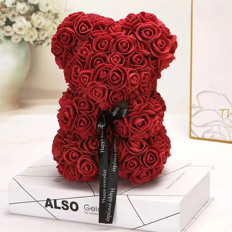 25cm Rosen-Teddybär mit Geschenkbox – Romantischer Kunstrosen-Bär zum Valentinstag oder besonderem Anlass