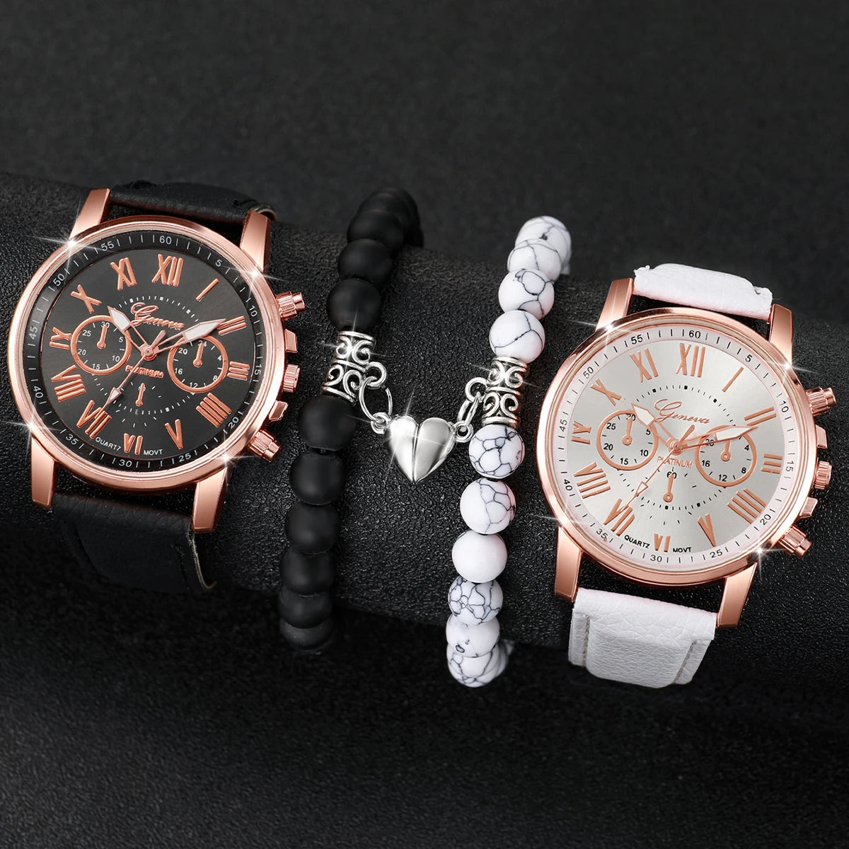 Modische Partner-Armbanduhren mit Römischen Ziffern, Quarzwerk & Lederarmbändern – Passendes Uhren- und Armbandset für Paare