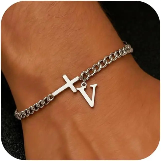 Herren Kreuz-Panzerarmband mit Initiale – A–Z Edelstahl-Armband als Glaubensschmuck