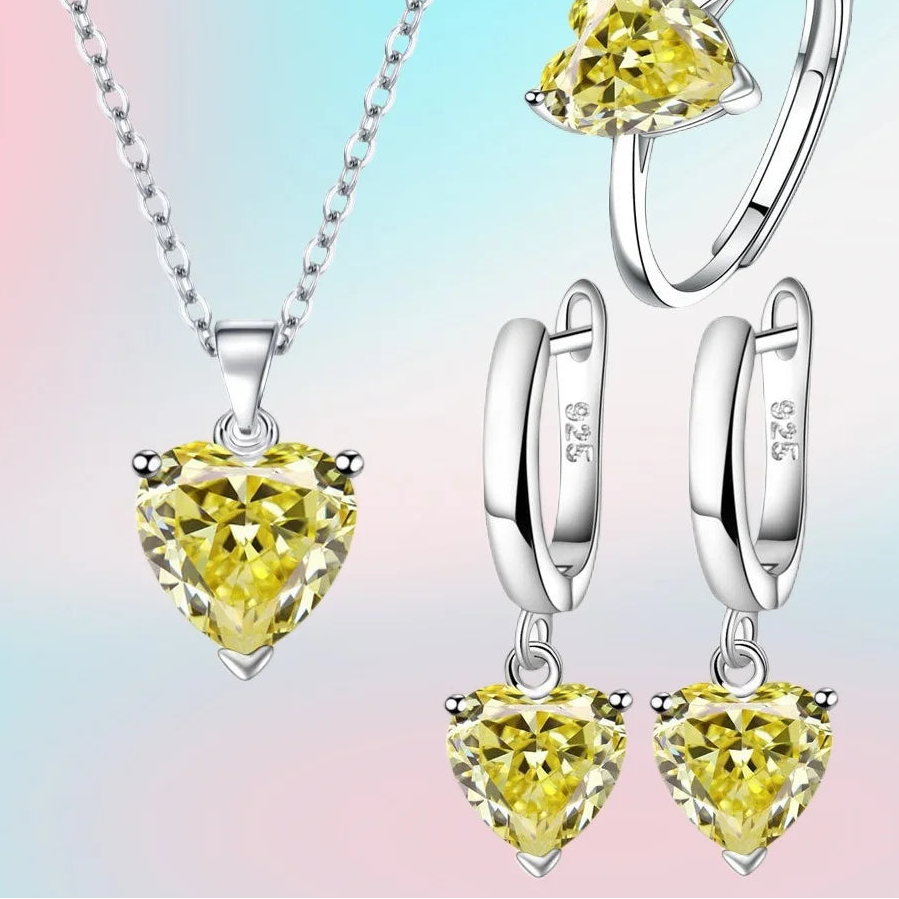 Romantisches Herz-Schmuckset für Damen – Silberfarbene Zirkon-Halskette, Creolen & Ring