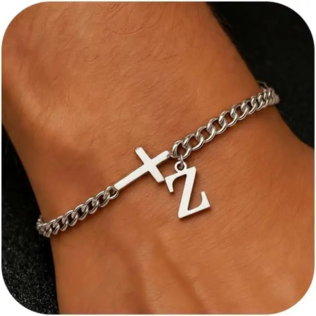 Herren Kreuz-Panzerarmband mit Initiale – A–Z Edelstahl-Armband als Glaubensschmuck