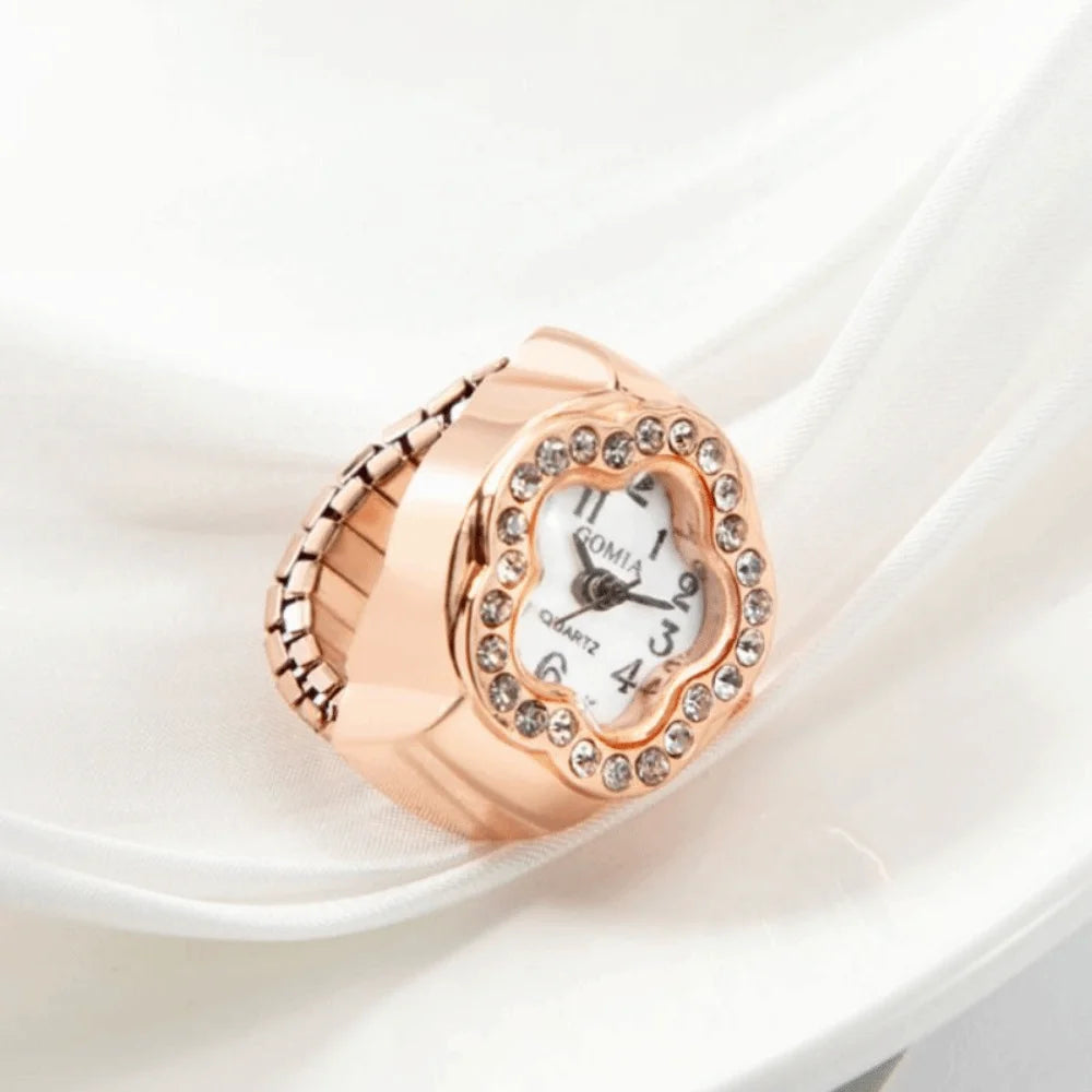 Modische Finger-Ringuhr mit Quarzwerk, Edelstahl & Metalllegierung – Funkelnde Schmuckuhr als Geschenk
