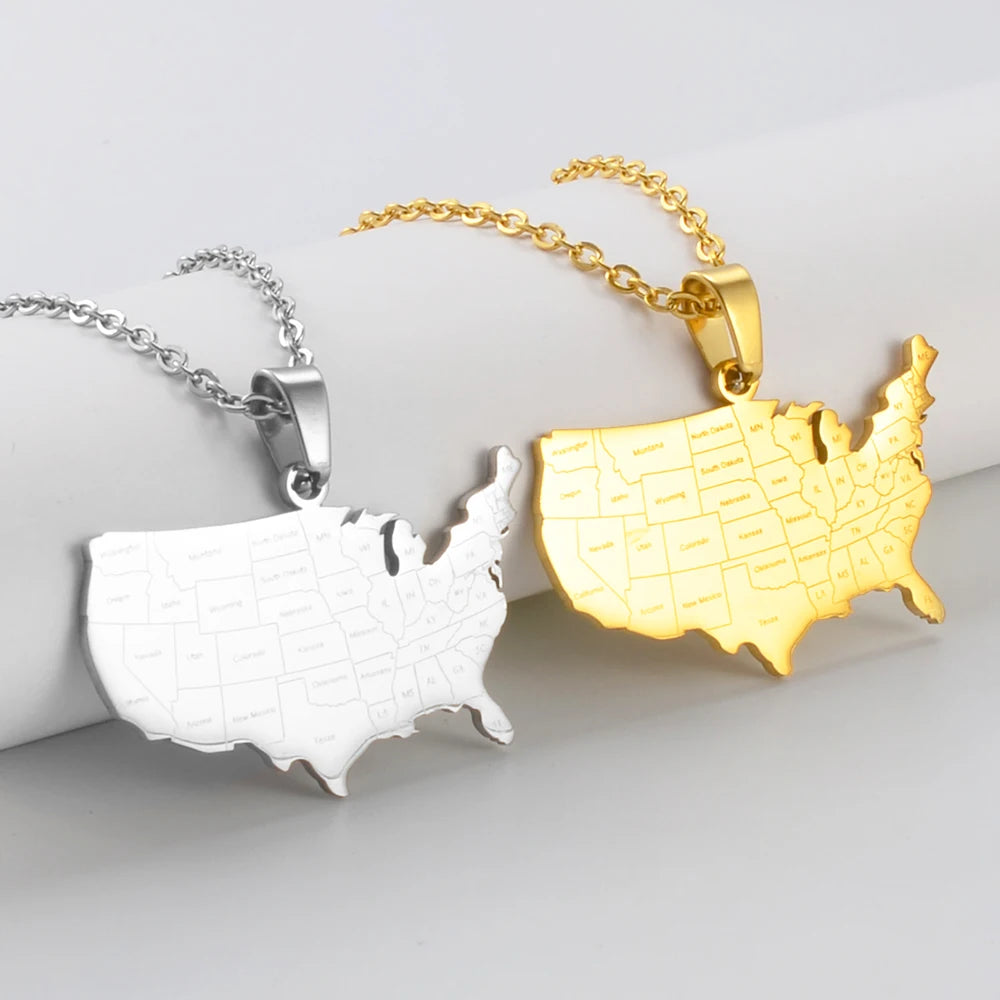 USA-Landkarte mit Bundesstaaten Halskette für Damen & Herren – Vereinigte Staaten Karten-Anhänger, Amerika Heimat- & Reiseschmuck