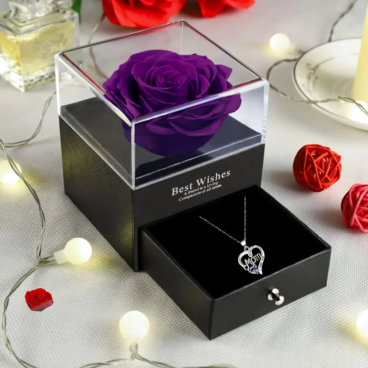 Luxuriöse Rosen-Geschenkbox für Mama – Lila Seifenrose mit „MOM I Love You“ Herz-Halskette