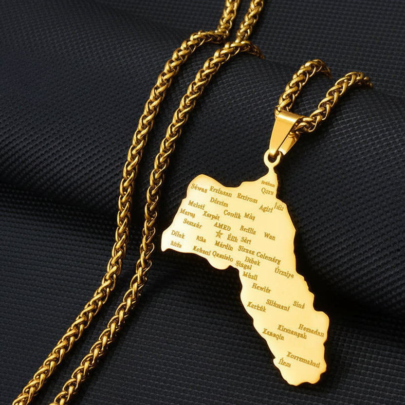 Kurdistan-Karten Flaggen-Halskette – Gold- & Silberfarbene Kurdistan-Halskette