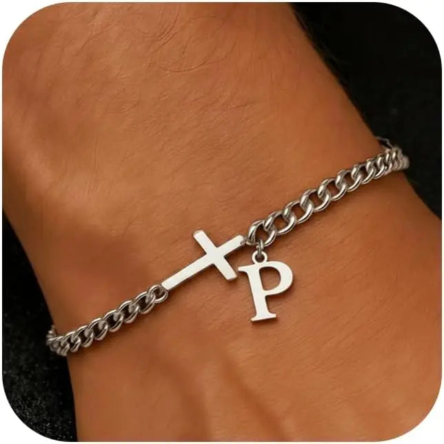 Herren Kreuz-Panzerarmband mit Initiale – A–Z Edelstahl-Armband als Glaubensschmuck