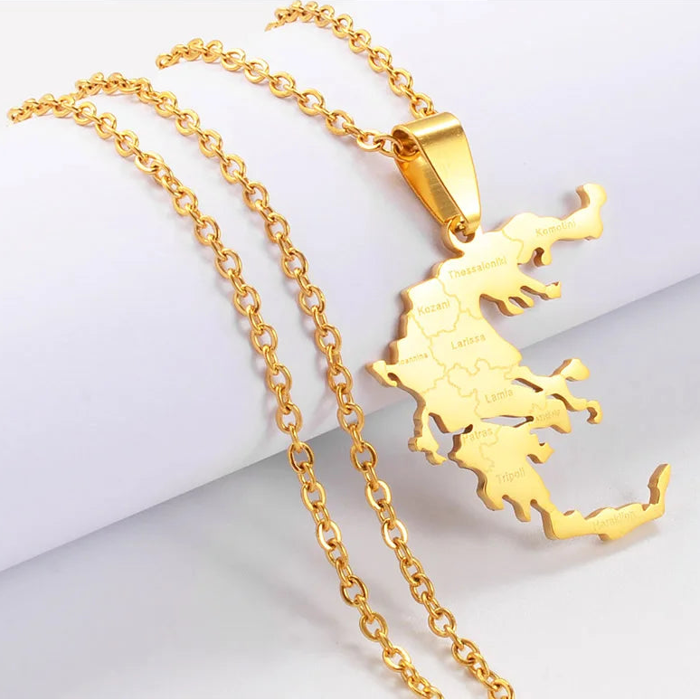Griechenland-Landkarte mit Städten Halskette – Gold- & Silberfarbener Länder-Anhänger, Griechischer Heimat- & Kulturschmuck für Damen & Herren