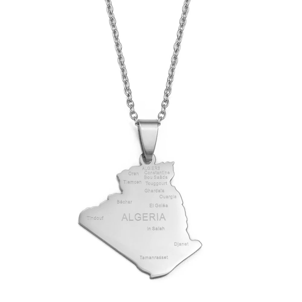 Algerien-Landkarte mit Städten Halskette – Algerischer Länder-Karten-Anhänger mit Kette, Heimat-, Kultur- & Reiseschmuck