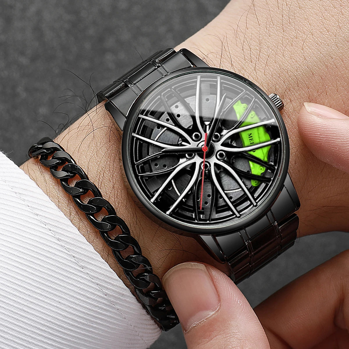 Herren-Quarzuhr mit 3D-Autorad-Zifferblatt & Edelstahlarmband – Sportliche Armbanduhr mit Modischem Schmuckset
