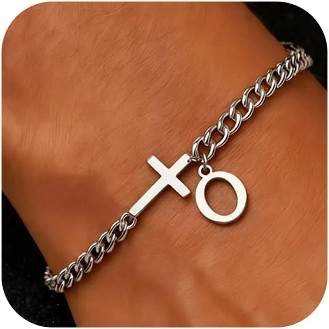 Herren Kreuz-Panzerarmband mit Initiale – A–Z Edelstahl-Armband als Glaubensschmuck