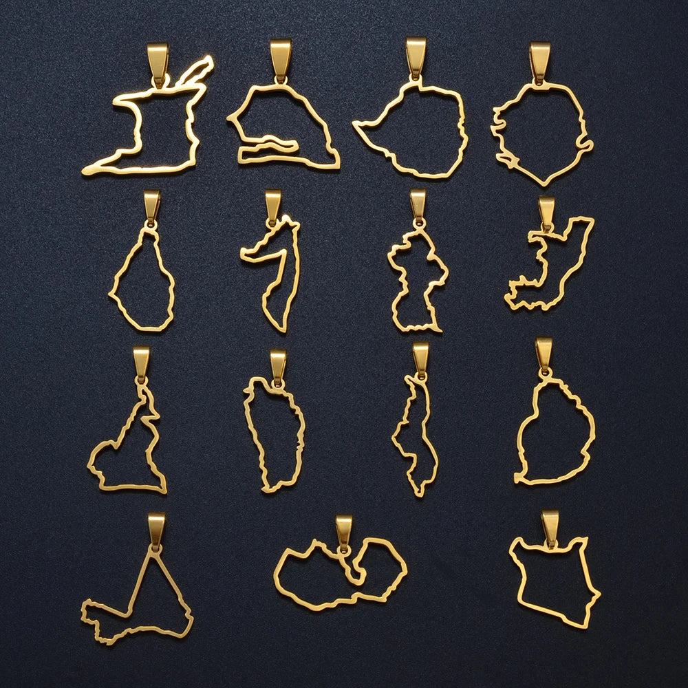 Outline Länderkarte Anhänger-Halskette – Guyana, Kenia, Mali, Senegal, Kongo, Montserrat, Simbabwe, Somalia, Sierra Leone, Dominica, Malawi, Mauritius, Sambia & Tobago Schmuck