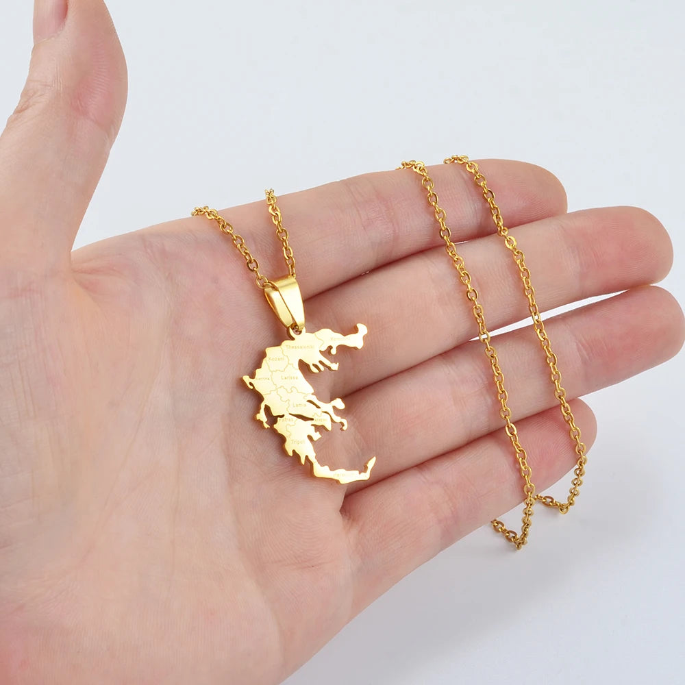 Griechenland-Landkarte mit Städten Halskette – Gold- & Silberfarbener Länder-Anhänger, Griechischer Heimat- & Kulturschmuck für Damen & Herren