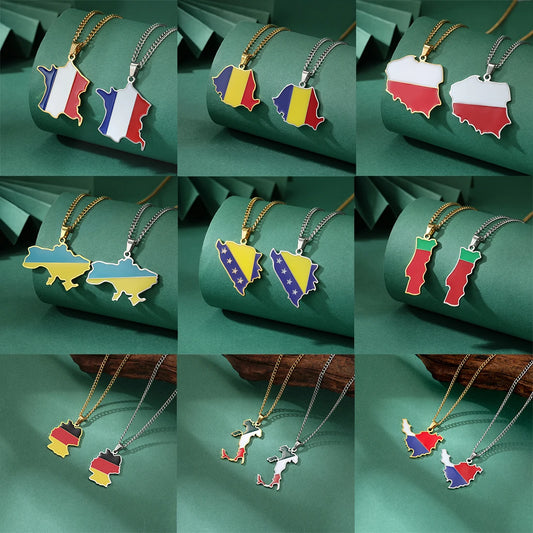 Europäische Länderkarte Flaggen-Halskette – Edelstahl-Anhänger mit Farbdesign für Polen, Frankreich, Portugal, Rumänien, Ukraine, Italien & Deutschland