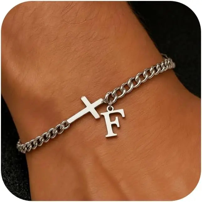 Herren Kreuz-Panzerarmband mit Initiale – A–Z Edelstahl-Armband als Glaubensschmuck