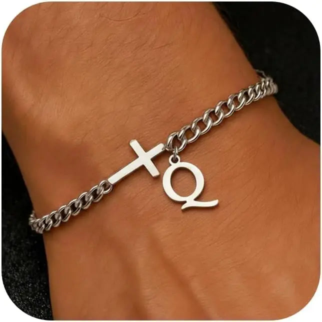 Herren Kreuz-Panzerarmband mit Initiale – A–Z Edelstahl-Armband als Glaubensschmuck