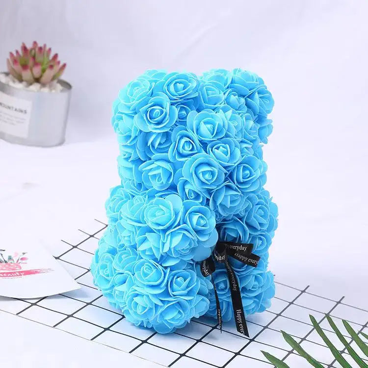 25cm Rosen-Teddybär mit Geschenkbox – Romantischer Kunstrosen-Bär zum Valentinstag oder besonderem Anlass