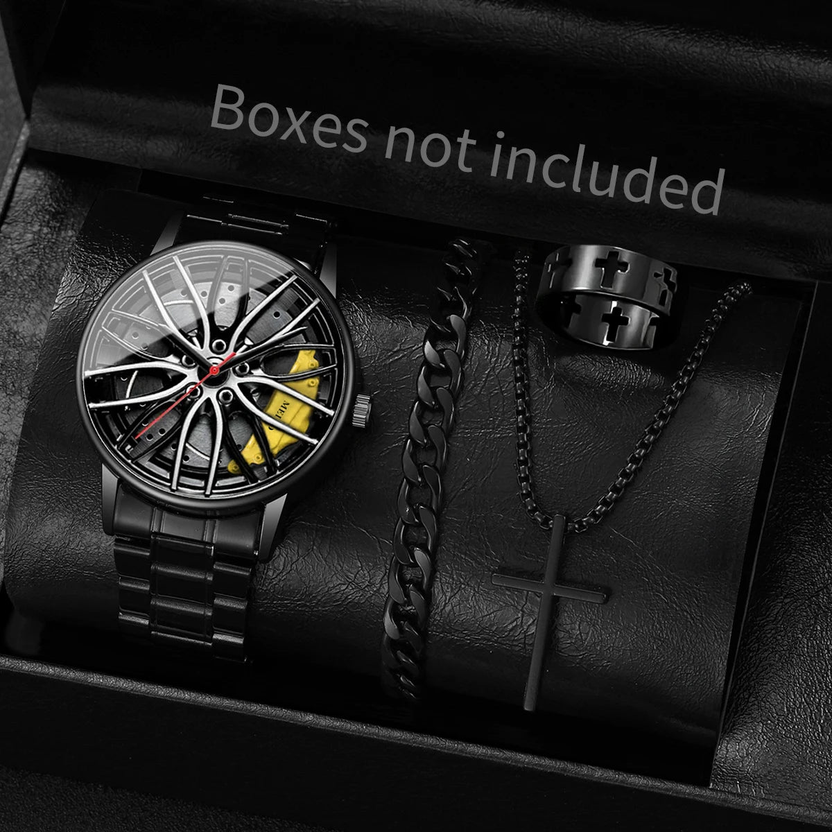 Herren-Quarzuhr mit 3D-Autorad-Zifferblatt & Edelstahlarmband – Sportliche Armbanduhr mit Modischem Schmuckset