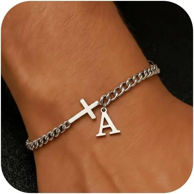 Herren Kreuz-Panzerarmband mit Initiale – A–Z Edelstahl-Armband als Glaubensschmuck