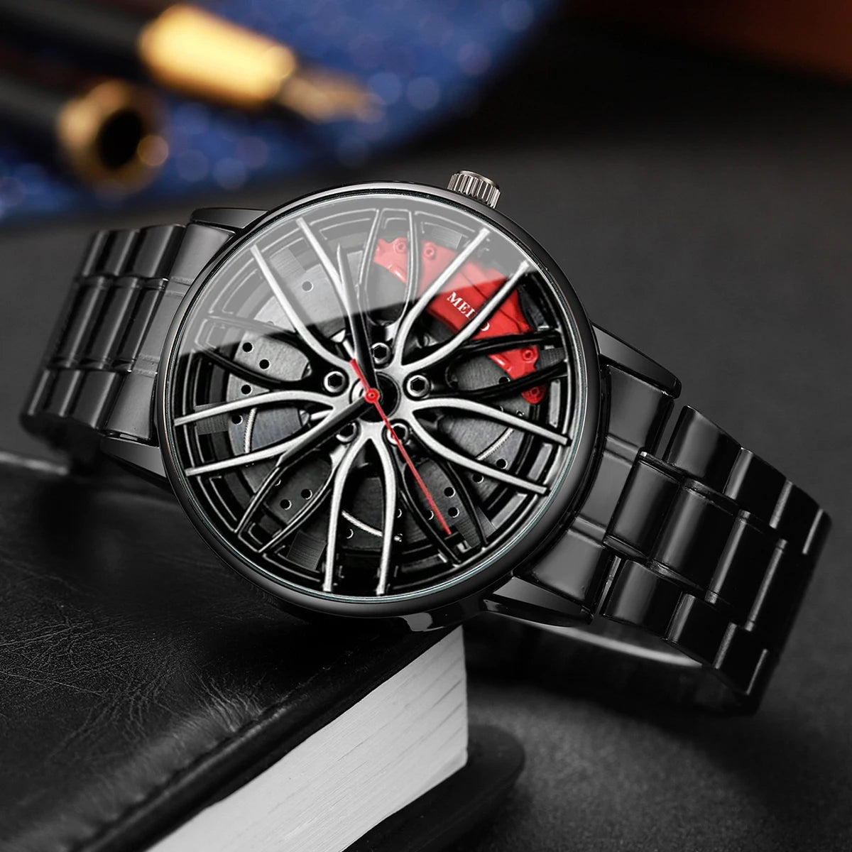 Herren-Quarzuhr mit 3D-Autorad-Zifferblatt & Edelstahlarmband – Sportliche Armbanduhr mit Modischem Schmuckset