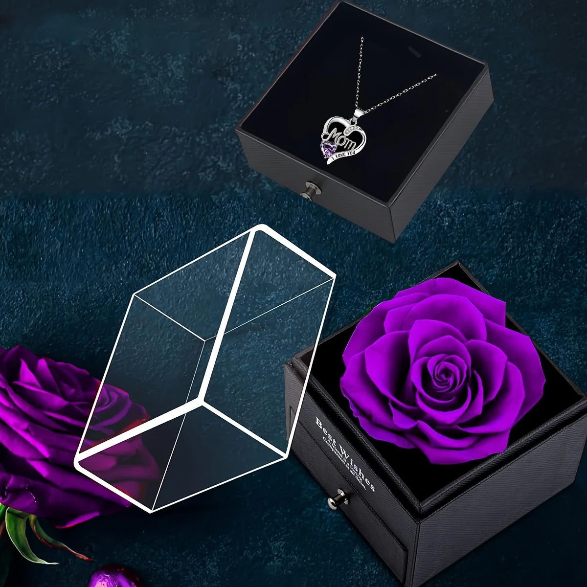 Luxuriöse Rosen-Geschenkbox für Mama – Lila Seifenrose mit „MOM I Love You“ Herz-Halskette