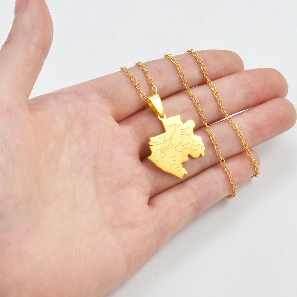 Gabun-Landkarte mit Städten Halskette – Edelstahl Gabunischer Länder-Karten-Anhänger, Heimat-, Kultur- & Reiseschmuck für Damen & Herren