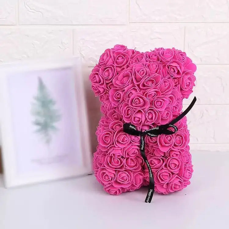 25cm Rosen-Teddybär mit Geschenkbox – Romantischer Kunstrosen-Bär zum Valentinstag oder besonderem Anlass