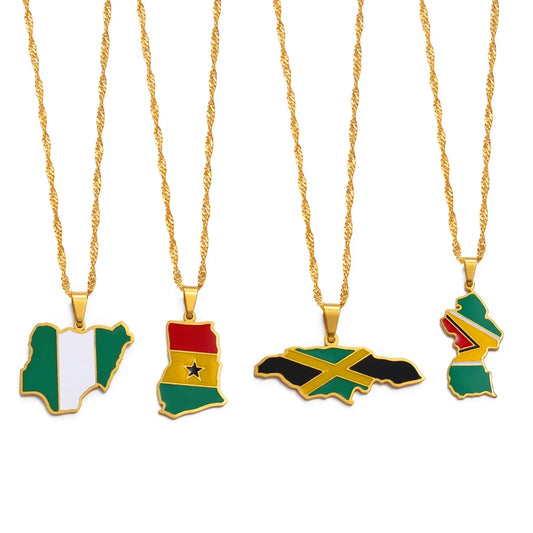 Bunte Nigeria, Ghana, Jamaika & Guyana Landkarten-Flaggen-Halskette – Edelstahl & Emaille Länder-Anhänger für Damen & Herren