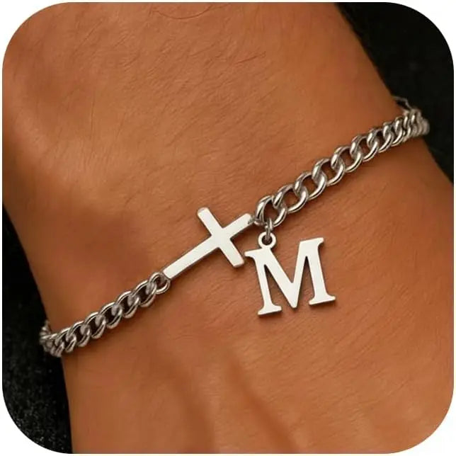 Herren Kreuz-Panzerarmband mit Initiale – A–Z Edelstahl-Armband als Glaubensschmuck