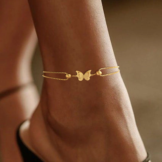 Frostiges Schmetterling Fußkettchen für Damen – Vergoldeter Titanstahl Layering Schmuck