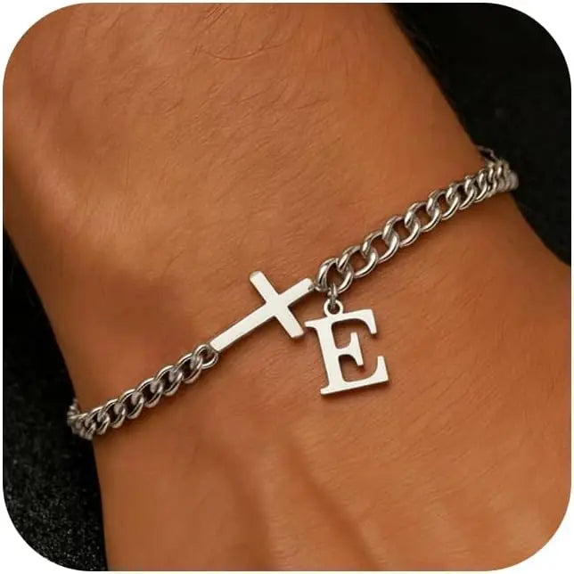 Herren Kreuz-Panzerarmband mit Initiale – A–Z Edelstahl-Armband als Glaubensschmuck