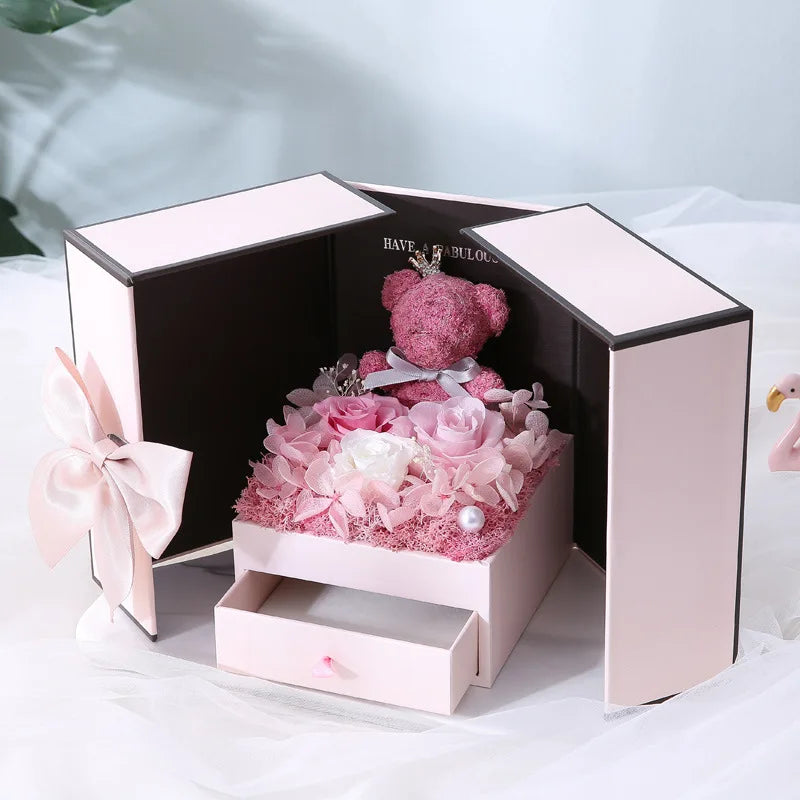 Geschenkbox mit Ewigkeitsrose, Bärchenmotiv & Halskette – Romantische Doppeltür-Schmuckbox mit Lippenstiftfach